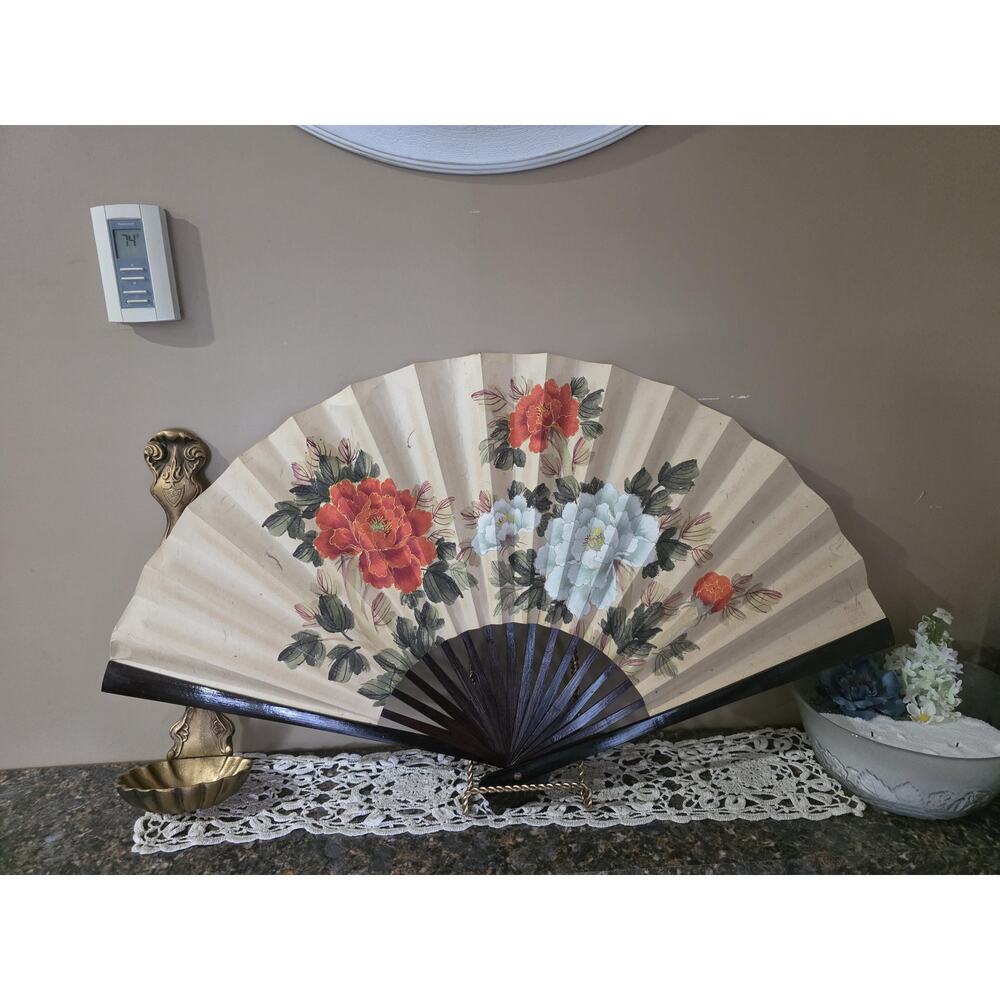 Large Vintage Asian Folding Wall Fan - 36" Hand Painted Peony Floral Decor